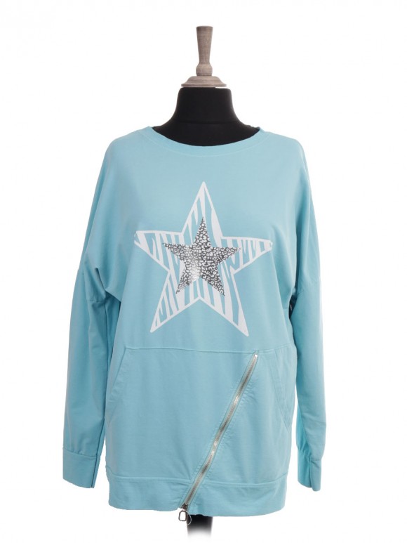 Italian Animal Print Star Sweat Top With Front Diagonal Pockets