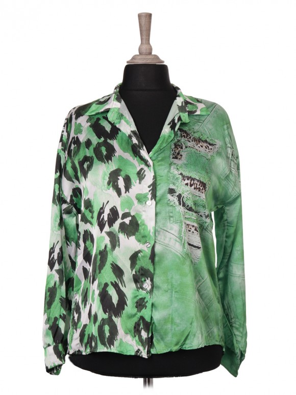 Italian Animal Printed Button Up Satin Top