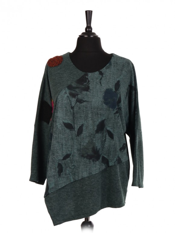 Italian Assymetric Hem Top With Floral Panel and Wool Patch