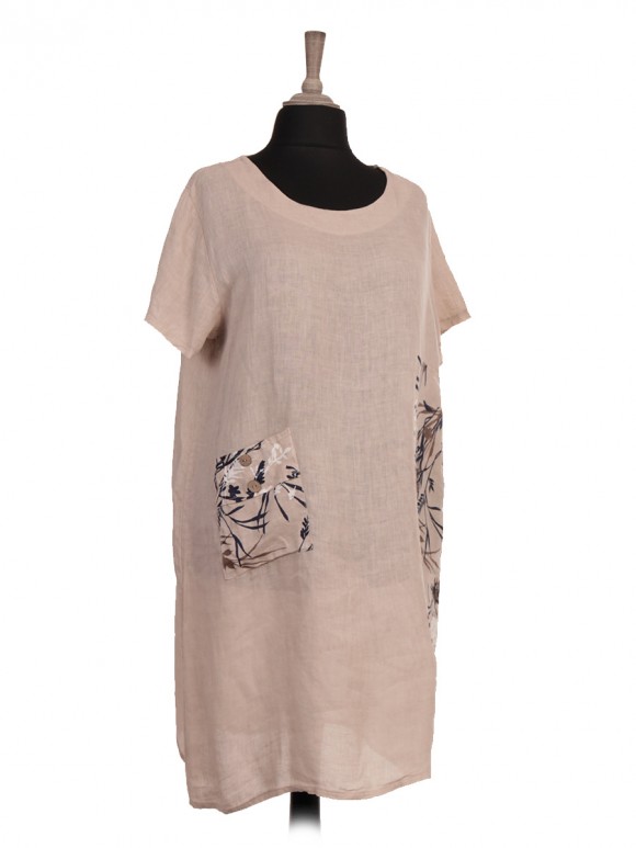 Italian Printed Pocket Short Sleeves Linen Dress