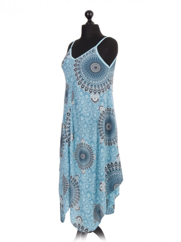 Italian Aztec Printed Dress With Fluid Handkerchief Hem