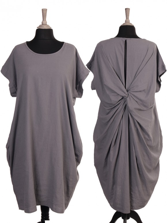 Italian Back Knot Detail Linen Dress with Side Pockets