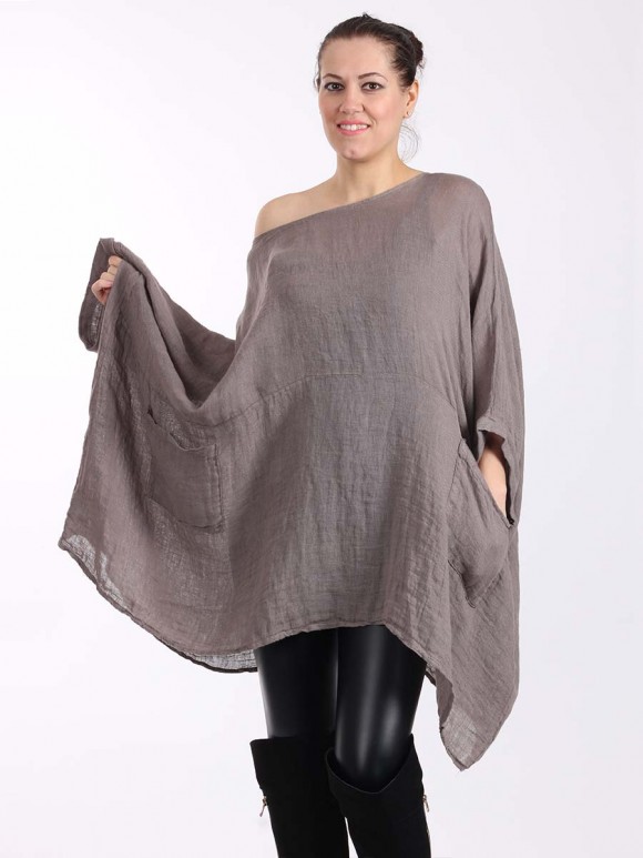 Italian Batwing Sleeves Plain Linen Top With Front Pocket-Mocha