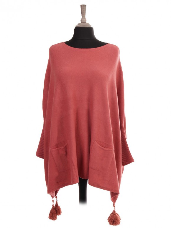 Italian Boat Neck Tassel Poncho With Front Pockets
