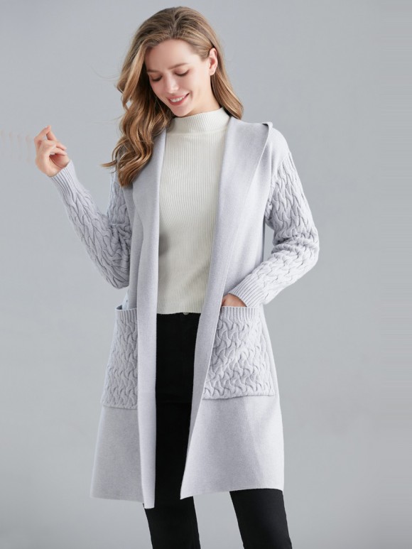 Italian Cable Knitted Sleeves And Front Pocket Hooded Cardigan