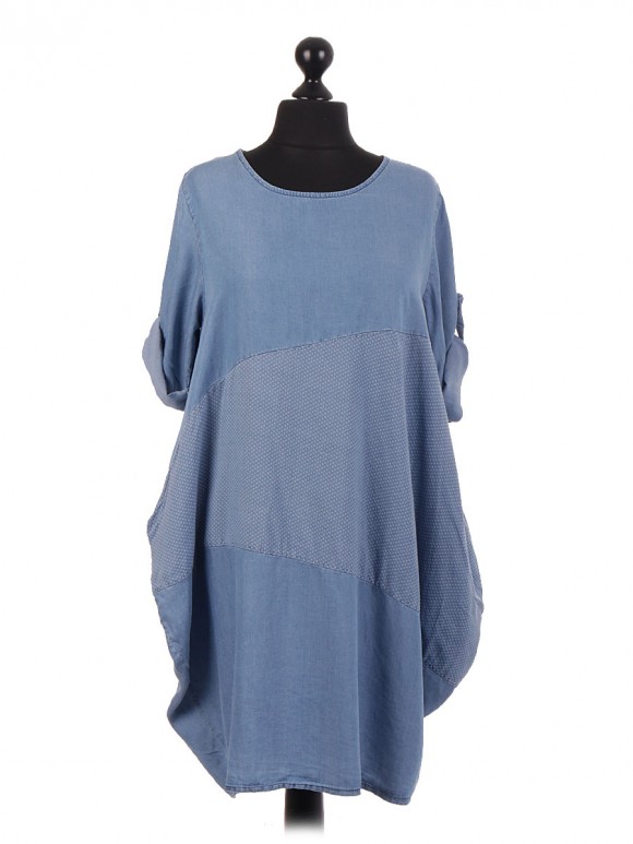Italian Chambray Contrast Panel Dress With Side Pockets