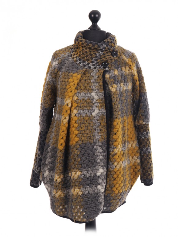 Italian Wool Mix Check Pattern Cocoon Coat