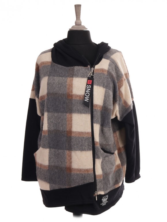 Italian Check Print Hooded Lana Wool Jacket With Front Pockets