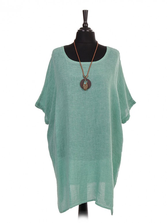 Italian Cold Dye Linen Batwing Dress with Necklace green