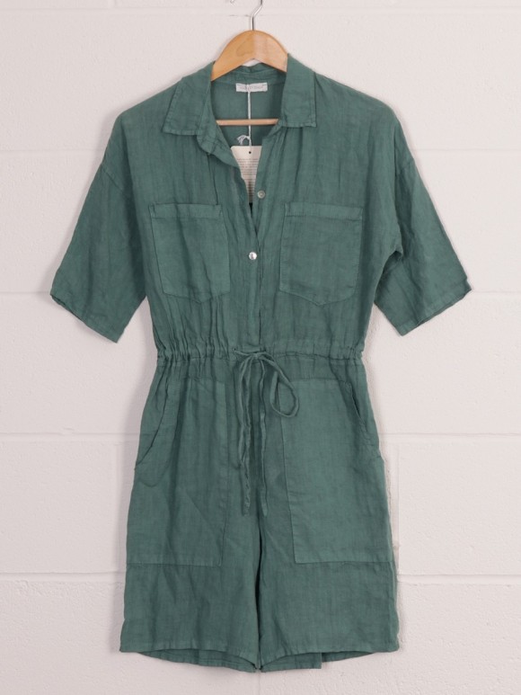 Italian Collard Front Pockets Linen Playsuit