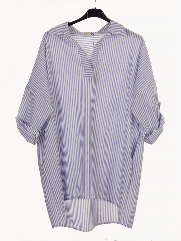 Italian Collard Notch Neck Stripe Cotton Top With Side Pockets