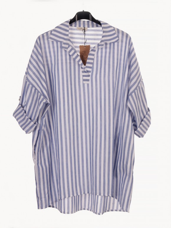 Italian Collard Notch Neck Wide Stripy Top With Side Pockets