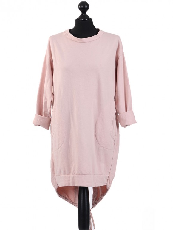 Italian Cotton High Low Knotted Hem Top-Pink 