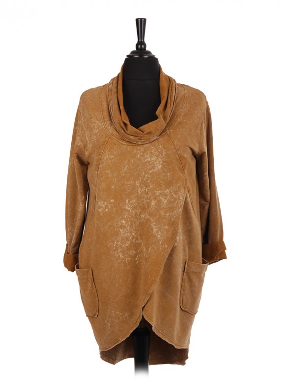 Italian Cowl Neck Acid Dye Wrap Over Dip Hem Top with Front Pockets