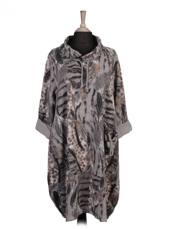 Italian Cowl Neck Feather Printed Lagenlook Dress