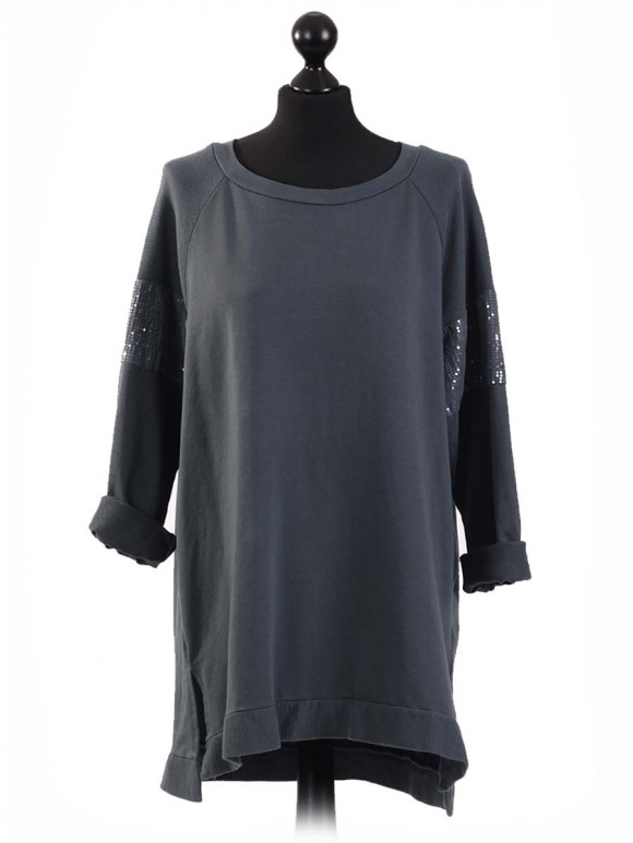 Italian Sequin Sleeves High Low Top-Charcoal