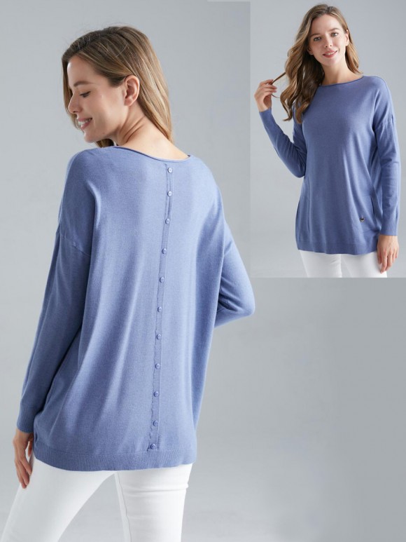 Italian Diagonal Pockets Back Button Panel Knitted Jumper