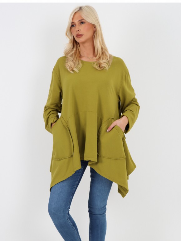 Italian Diagonal Pockets Cotton Tunic Top