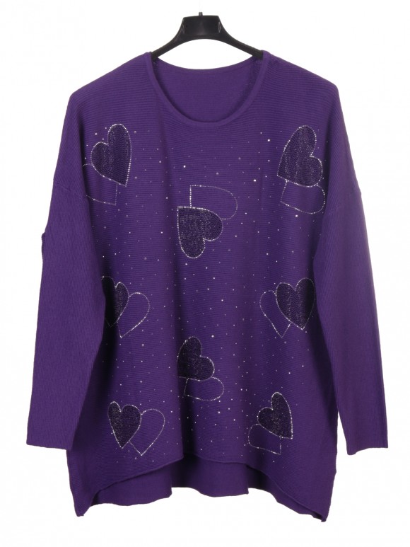 Italian Diamante Heart Detail Ribbed Knitted Jumper