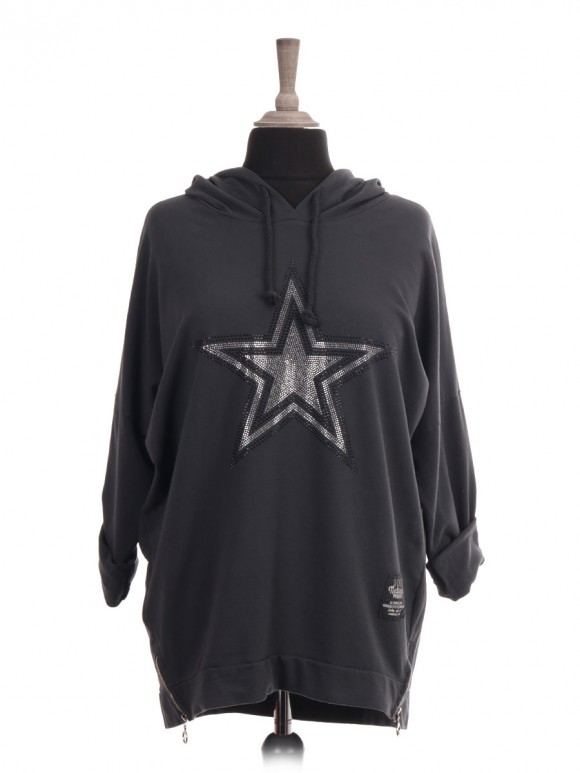 Italian Diamante Star Hooded Top With Side Zip Detail