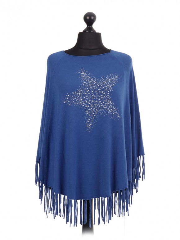 Italian Diamante Star Pattern Poncho With Frilled Hem