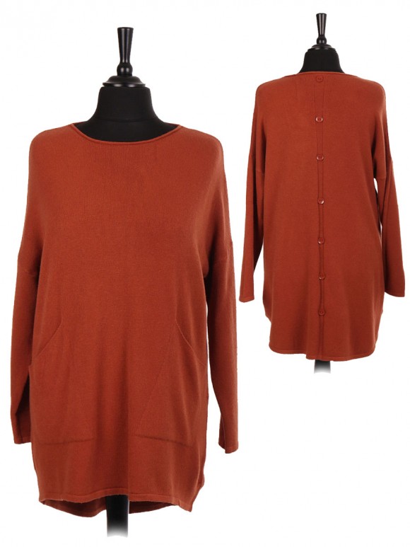 Italian Dip Hem Jumper With Back Button Panel And Front Pockets