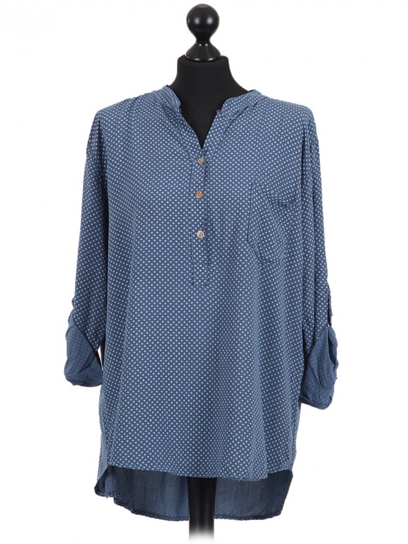 Italian Dot Print High Low Shirt Top Denim