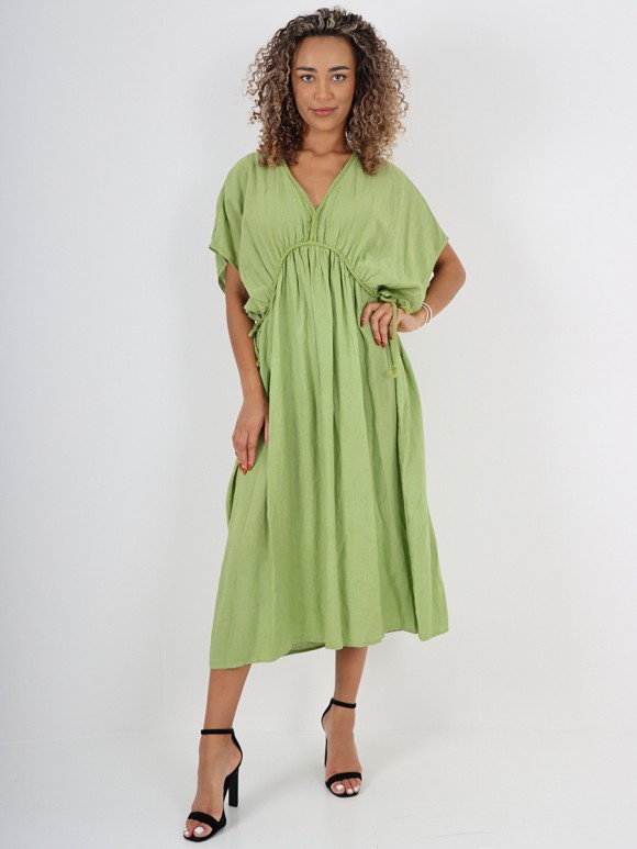 Italian Drawstring Flared Linen Dress