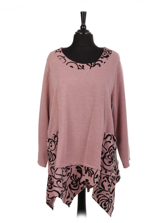 Italian Embossed Pattern Asymmetrical Hem Tunic Top