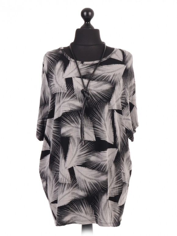 Italian Feather Print Batwing Top With Necklace