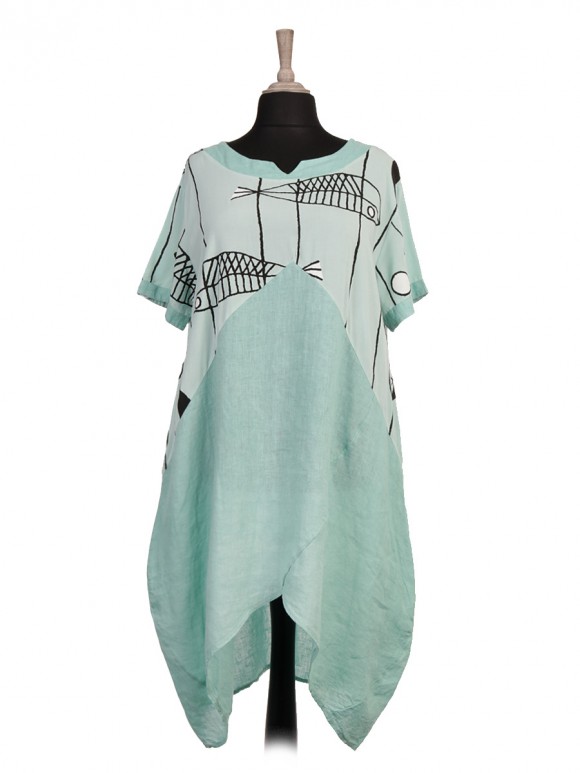 Italian Fish Print Linen Lagenlook Dress With Back Button Panel