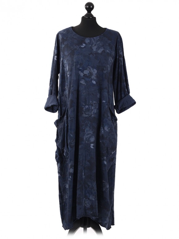 Italian Floral Long Lagenlook Dress navy