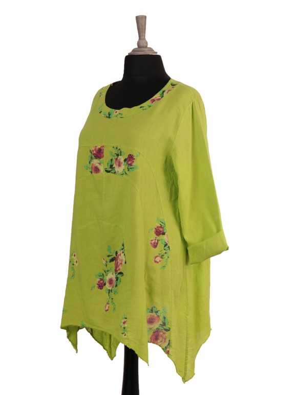 Italian Floral Print Asymmetric Hem Linen Tunic Top