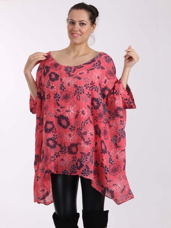 Italian Floral Print Batwing Sleeves Linen Tunic Top-Coral