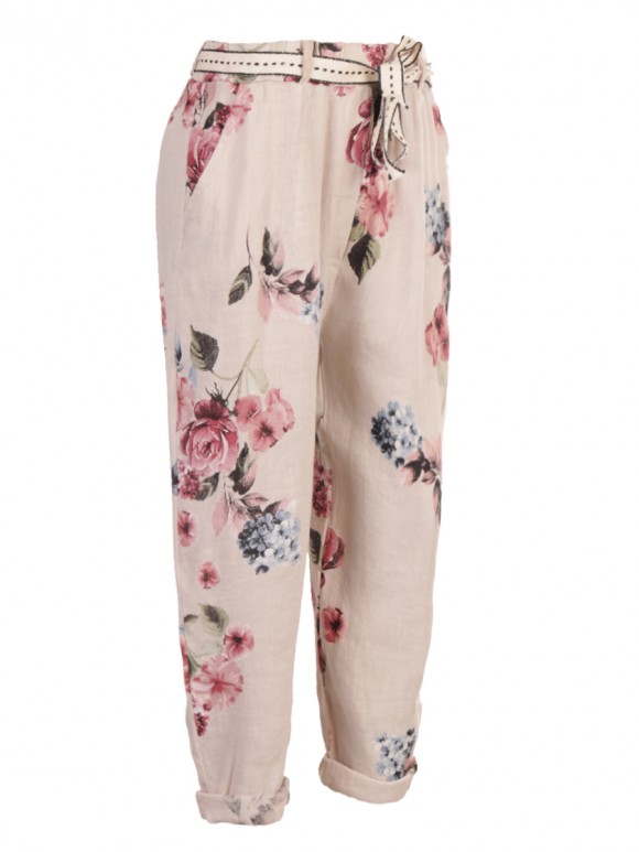 Italian Floral Print Belted Linen Trouser