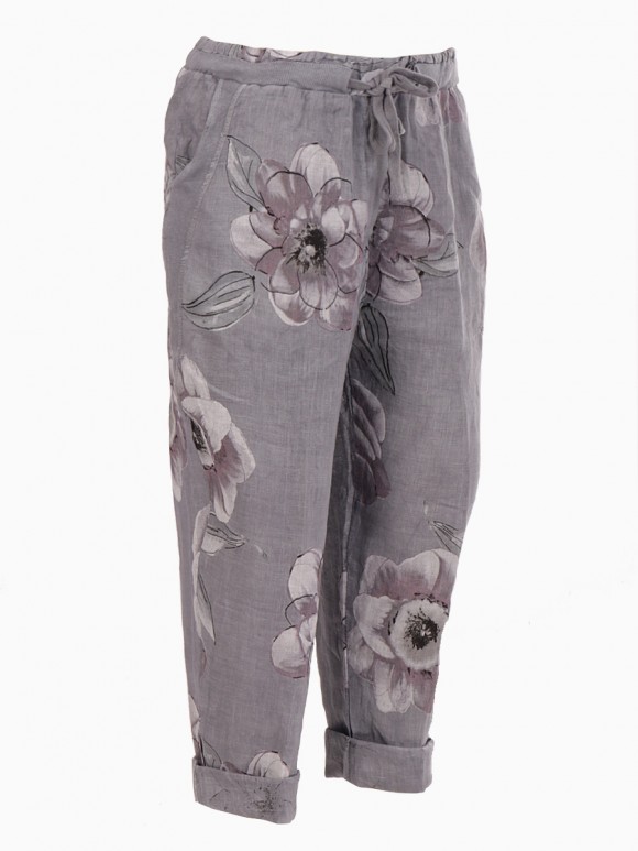 Italian Floral Print Ribbed Side Pockets Linen Trouser