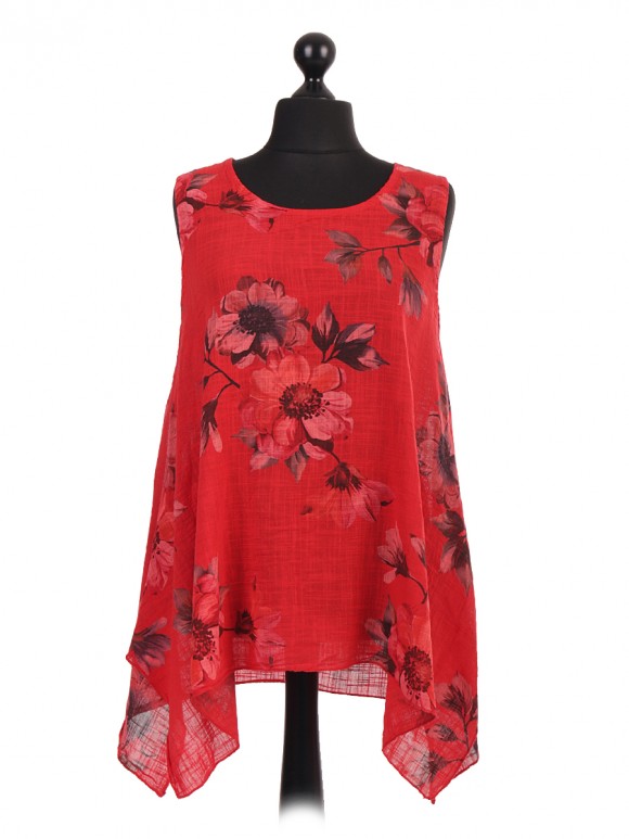 Italian Floral Print Sleeveless Tunic Tops 