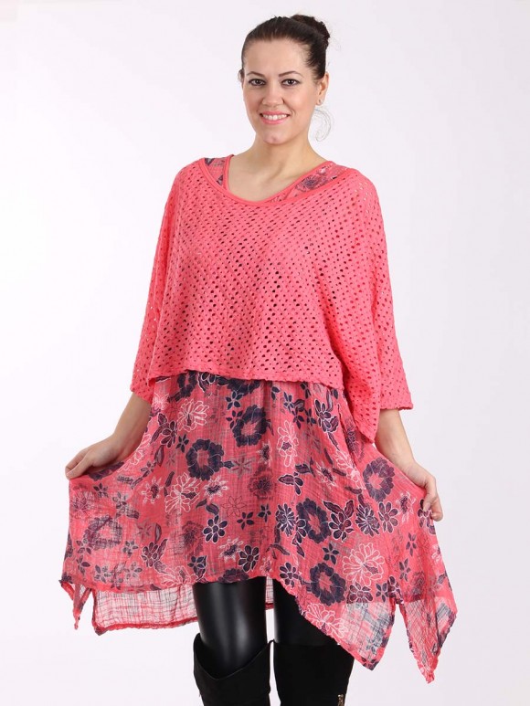 Italian Floral Print Two Pieces Linen Top-Coral