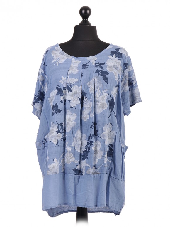 Italian Floral Print Pleated Top With Front Pockets