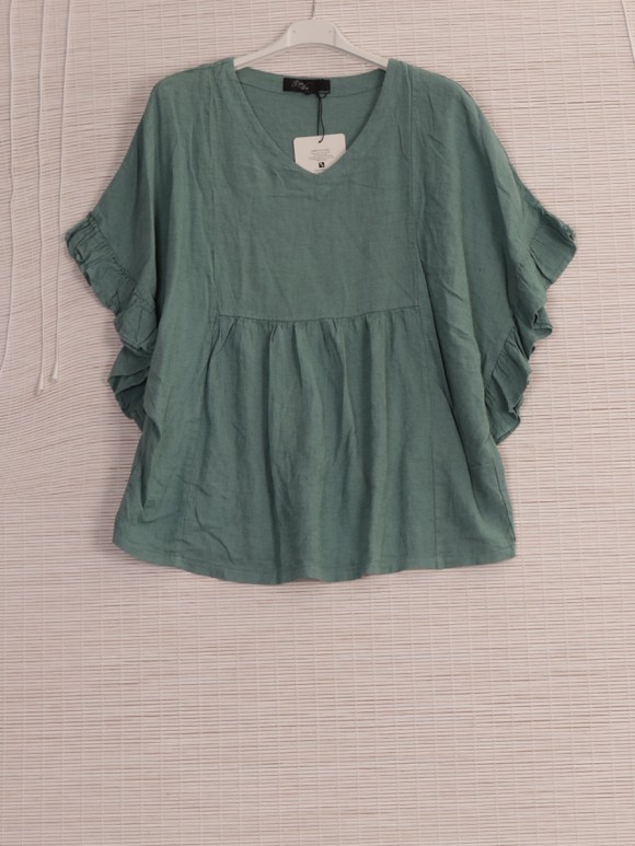 Italian Frilled Sleeves Linen Batwing Top