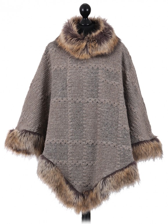 Italian Ladies Woollen Faux Fur Poncho beige