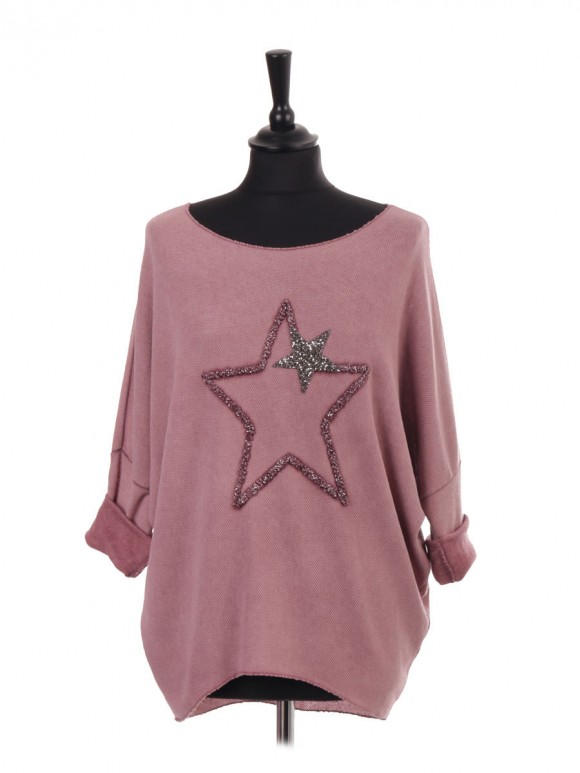 Italian Glittery Embroidered Star Dip Hem Batwing Top