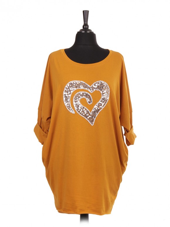 Italian Heart Sequin Dip Hem Batwing Top With Side Pockets