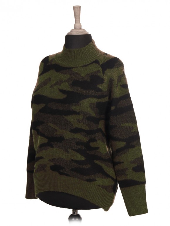 Italian Camouflage Lana Wool Dip Hem Knitted Jumper