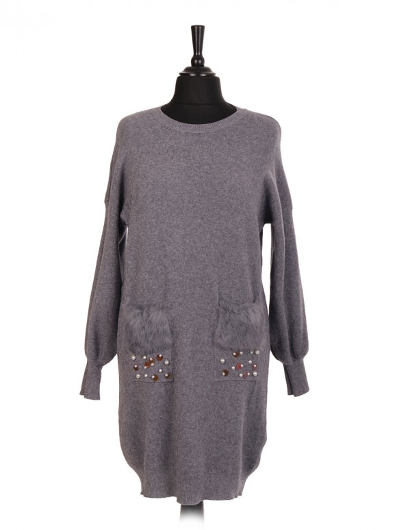 Italian Jumper With Faux Fur And Pearl Detail Front Pockets