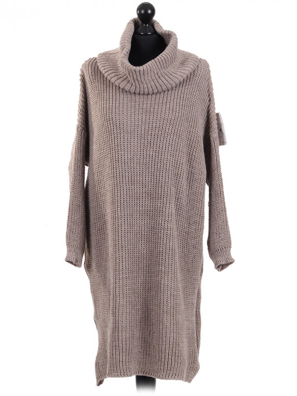 Italian Woollen Cowl Neck Knitted Dress Beige