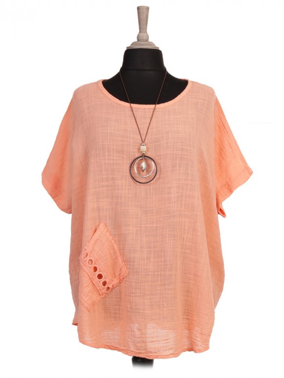 Italian Lace Detail Front Pocket Batwing Top with Necklace