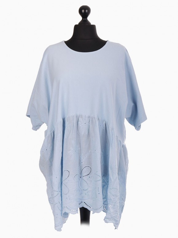 Italian Lace Panel Short Sleeve Cotton Tunic Top