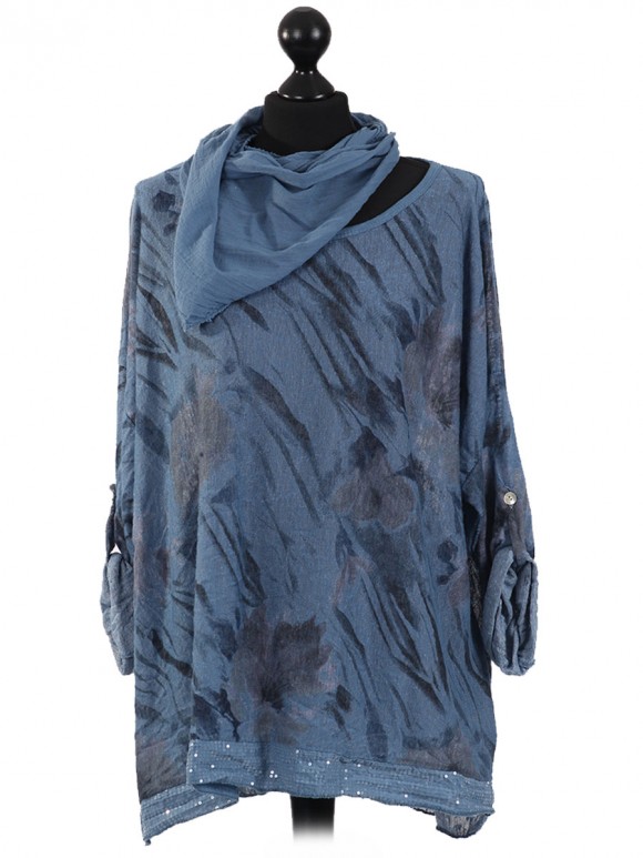 Italian Print Sequined Hem Top with Scarf-Navy