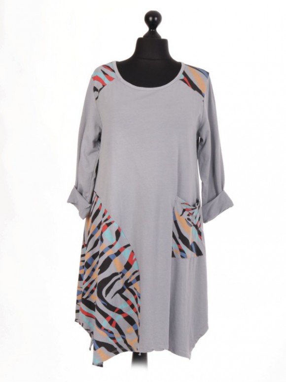 Italian Lagenlook Dress With Printed Panel And Front Pocket